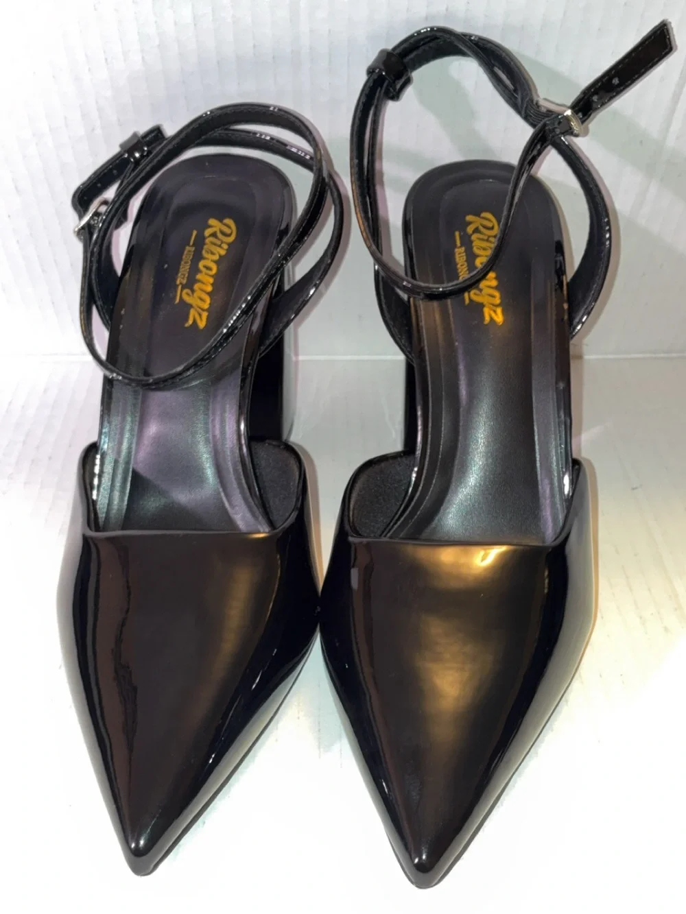 Black Patent Pointed-Toe Slingback Heels